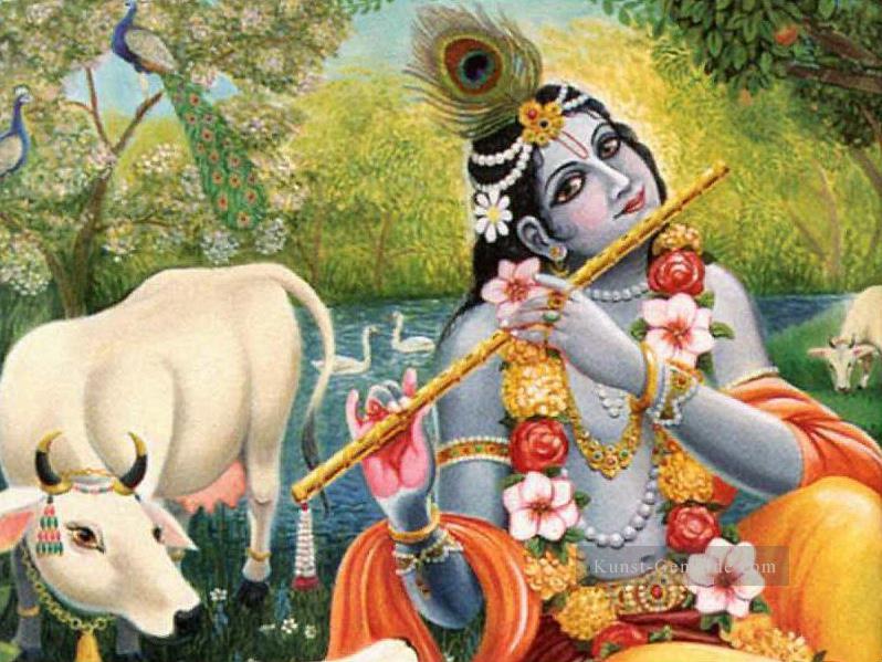 Krishna mit Kuh Gänsen Pfauen Hindu Ölgemälde
